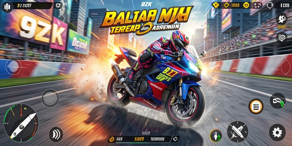 Tangkapan layar gameplay 9ZK dengan balapan motor yang seru.