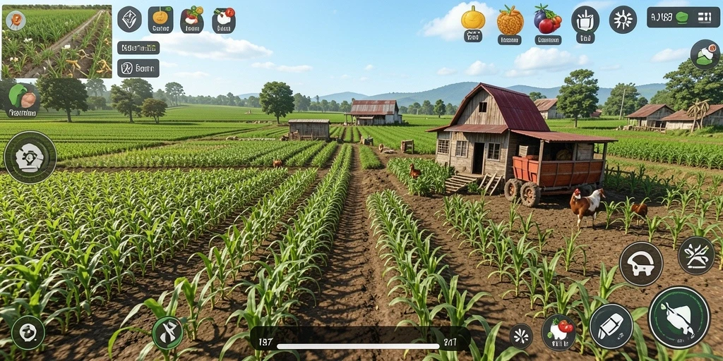 Screenshot gameplay V87 menunjukkan aktivitas pertanian yang seru.