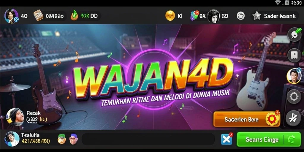 Screenshot WAJAN4D menampilkan antarmuka penuh warna dengan pilihan lagu yang beragam.